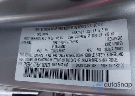 2014 Mazda Mazda3 I Touring z USA, uszkodzony, nr VIN 3MZBM1V77EM110800